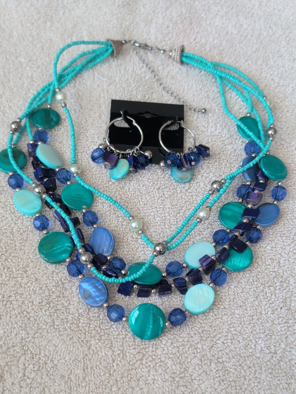 Turquoise & Navy Multi-Strand Shell Bead Necklace with Matching Earrings